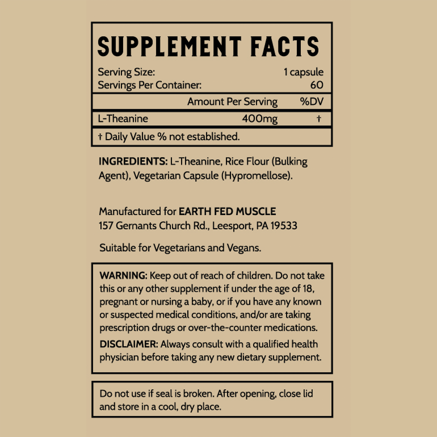 LTheanine (400mg) Zen Remedy by Earth Fed Muscle Caffeine and L