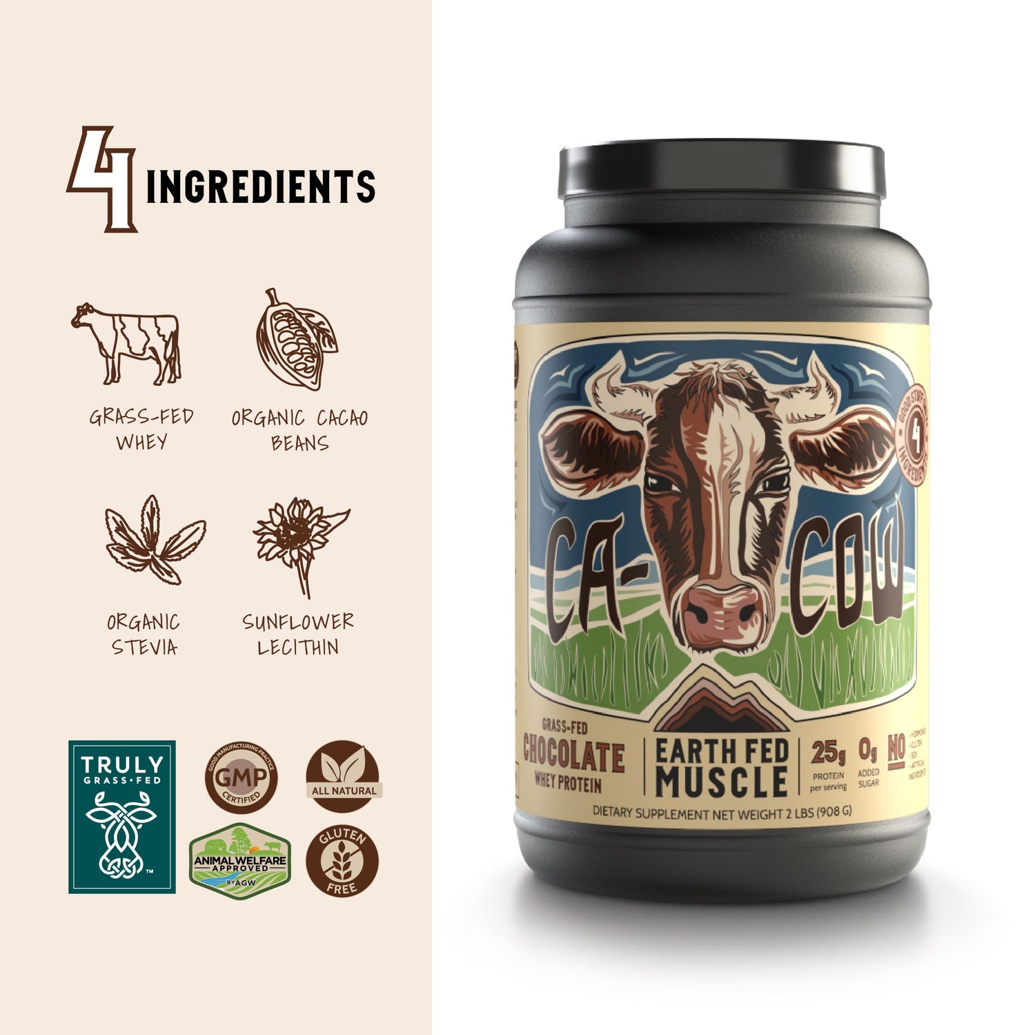 Earth Fed Muscle Chocolate Protein Four Ingredients - Organic Cocoa Beans - Truly Grass Fed Whey