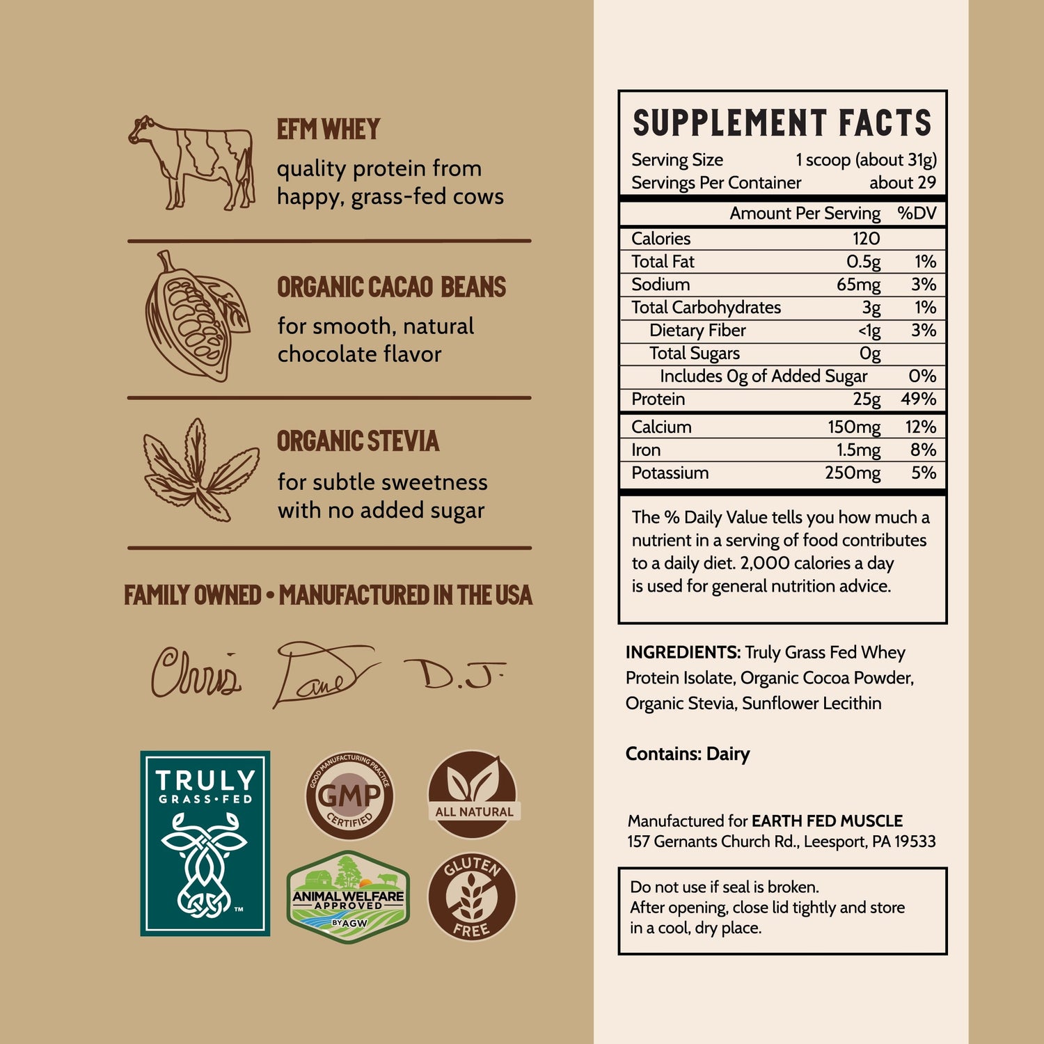 Ca-Cow Chocolate Grass Fed Whey Protein Nutrition Facts and Ingredients